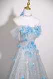 Silver Sequins and Blue Butterfly Long Prom Dress, Beautiful A-Line Evening Party Dress HZ0429