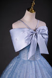 Blue Spaghetti Strap Tulle Long Prom Dress, Elegant A-Line Evening Party Dress HZ0429