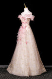 Champagne Off-the-Shoulder Floral Tulle Evening Gown | Gold Glitter Prom Dress HZ0429