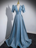 Blue Floor Length V-Neck Satin Prom Dress, Simple A-Line Evening Dress HZ0429