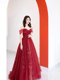 Burgundy Tulle Long Prom Dress, Beautiful A-Line Off the Shoulder Evening Party Dress HZ0429