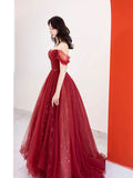 Burgundy Tulle Long Prom Dress, Beautiful A-Line Off the Shoulder Evening Party Dress HZ0429