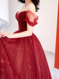 Burgundy Tulle Long Prom Dress, Beautiful A-Line Off the Shoulder Evening Party Dress HZ0429