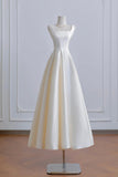 White Satin Tea Length Prom Dress, A-Line Evening Party Dress HZ0429