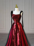 Burgundy Satin Sequins Long Prom Dress, Elegant Shiny Evening Party Dress HZ0429