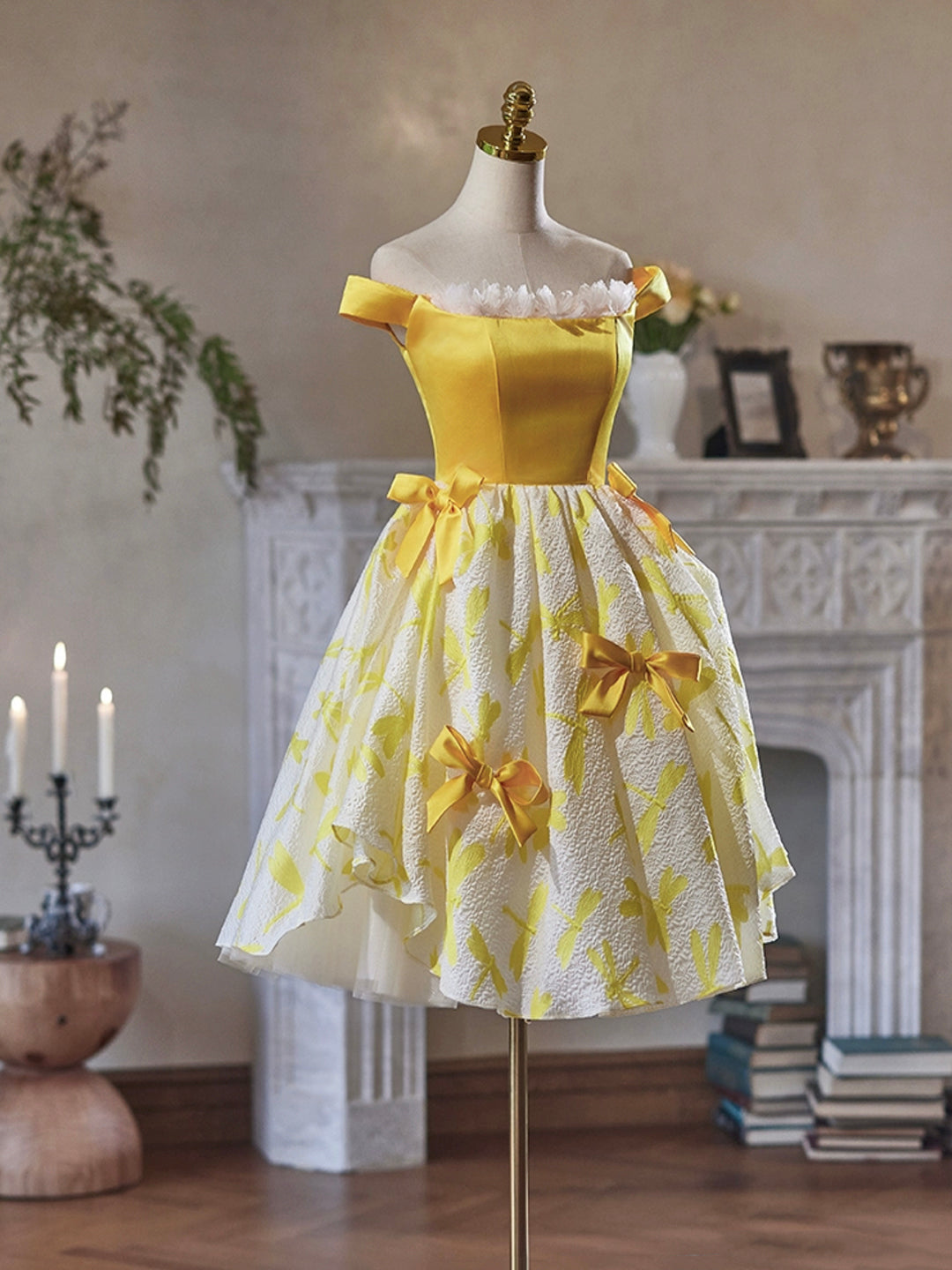 Yellow Satin Knee Length Party Dress, Cute Off the Shoulder Evening Dr – owrdq