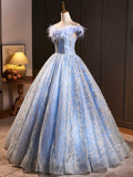 Blue Tulle Sequins Long Prom Dresses, Off the Shoulder A-Line Evening Dresses with Feather HZ0429