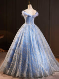 Blue Tulle Sequins Long Prom Dresses, Off the Shoulder A-Line Evening Dresses with Feather HZ0429