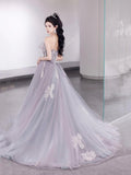 Light Purple Tulle Lace Long Prom Dress, Beautiful A-Line Strapless Party Dress HZ0429