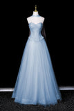 Sparkly Light Blue Strapless Evening Gown, A-Line Formal Party Dress with Pearls HZ0429