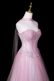 Sparkly Pink Sweetheart Prom Dress, A-Line Beaded Corset Tulle Ball Gown HZ0429