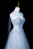Sparkly Light Blue Strapless Evening Gown, A-Line Formal Party Dress with Pearls HZ0429