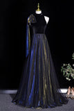 Luxury Black Blue Velvet Evening Gown with Gold Shimmer for Formal Events HZ0429