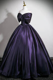 Retro Purple Satin Long Prom Dress, Elegant Off the Shoulder Formal Dresses HZ0429