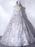 Gray Tulle and Floral Long Prom Dress, Beautiful A-Line Corset Evening Party Dress HZ0429
