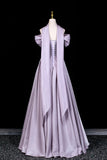 Sparkly Satin A-Line Formal Dress with Puff Sleeves, Lilac Off-the-Shoulder Prom Gown HZ0429