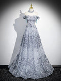 Gray Tulle Sequins Long Prom Dress, Off the Shoulder Evening Party Dress HZ0429