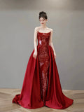 Burgundy Satin Sequins Long Prom Dress, Beautiful Strapless Evening Party Dress HZ0429