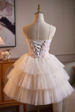 Sweetheart Neck Pink 3D Flower Mini Tulle Dress Beaded Tiered Homecoming Dress HZ0429