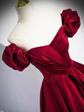 Burgundy Satin Floor Length Prom Dress, Off the Shoulder Evening Party Dress HZ0429