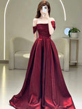 Burgundy Satin Beaded Floor Length Prom Dress, Beautiful A-Line Party Dress HZ0429