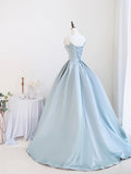 Blue Satin Long Prom Dress with Pearl, Beautiful Spaghetti Strap Evening Party Dress HZ0429