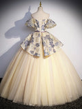 Champagne Floral Tulle Long Formal Dress, Off the Shoulder A-Line Evening Party Gown HZ0429