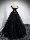 Black Tulle Beaded Floor Length Prom Dress, Black A-Line Off-Shoulder Evening Party Dress HZ0429