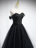 Black Tulle Beaded Floor Length Prom Dress, Black A-Line Off-Shoulder Evening Party Dress HZ0429