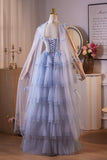 Blue Flower Fairy Beading Butterfly Prom Dresses, A-Line Cascading Ruffles Formal Evening Dresses HZ0429